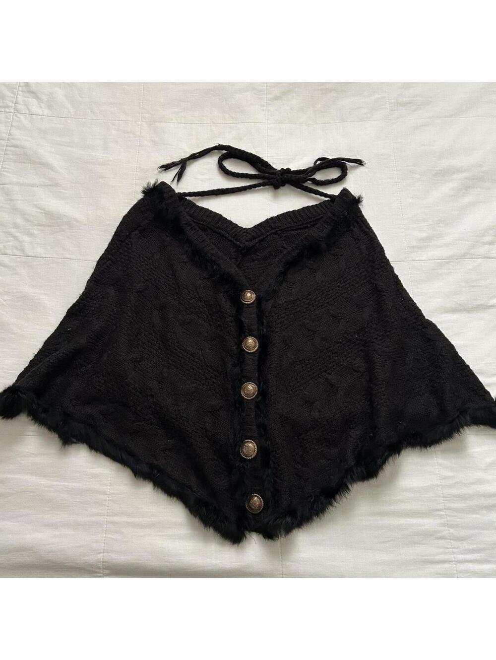 D.i.a. Black fur trim poncho with gold buttons